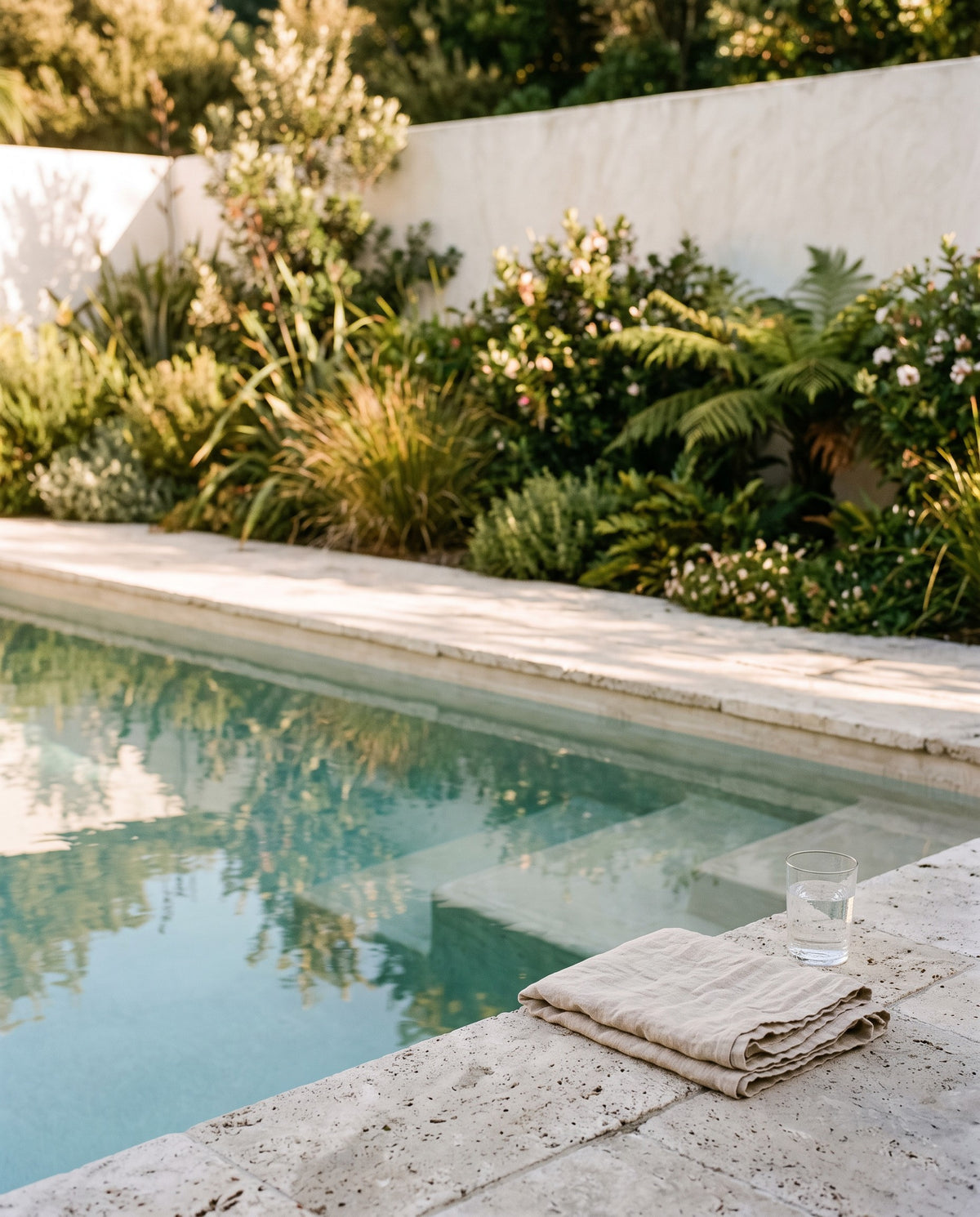 A quiet garden pool in late afternoon light, a folded linen towel on the travertine edge.