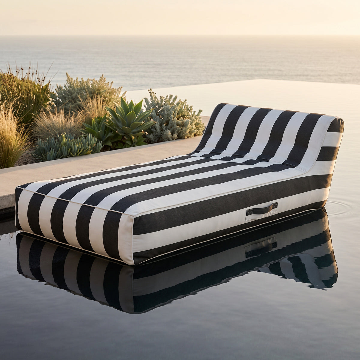 Poolboy Floata-Long in Striped floating on a coastal infinity pool at golden hour
