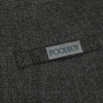Woven Poolboy label on the Poolboy Floata-Round in Dusk charcoal.