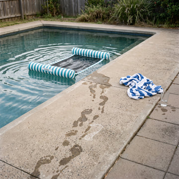 Poolboy Sinka-Bit in Blue and White stripe in the pool, a towel left on the paving.